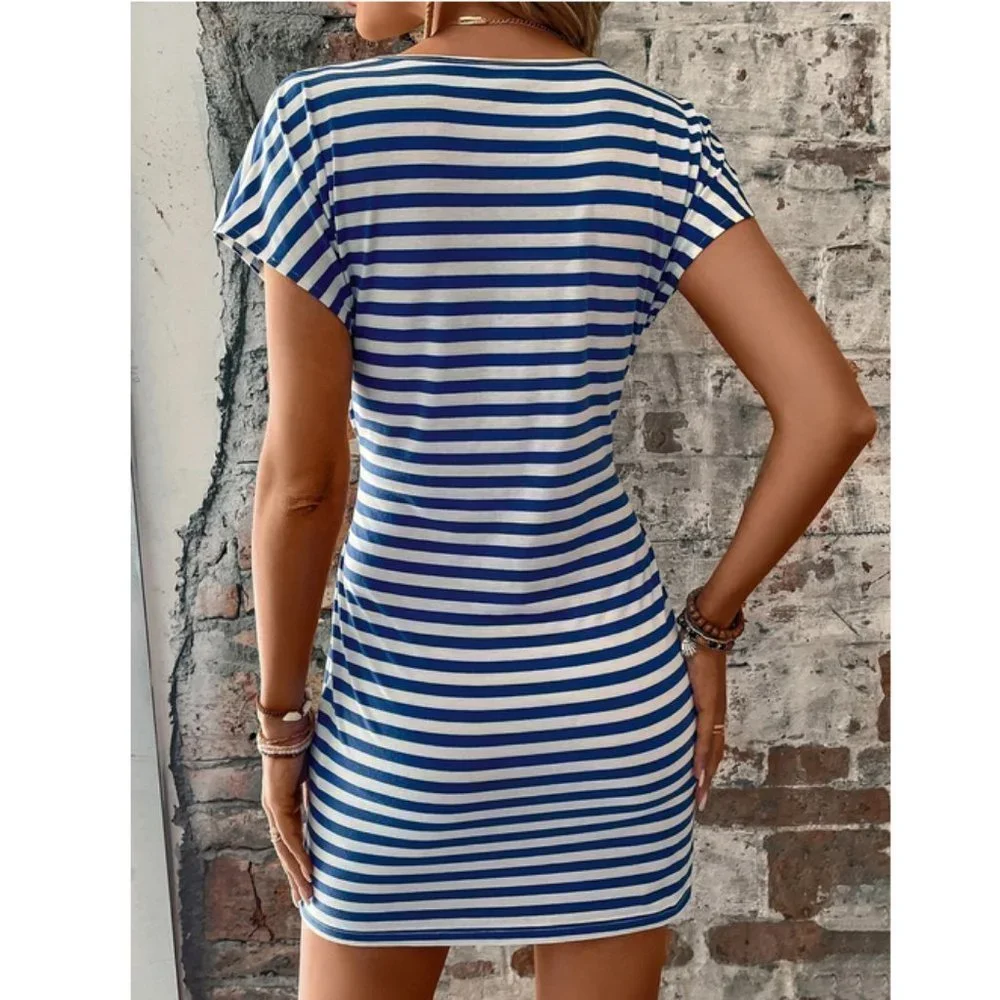 Nautical Womens Striped Batwing Sleeve Knot Front Dress - Picture 6 of 6